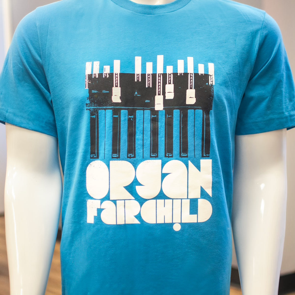 (NEW!) Unisex T-Shirt: Organ Drawbars/Keys on Blue