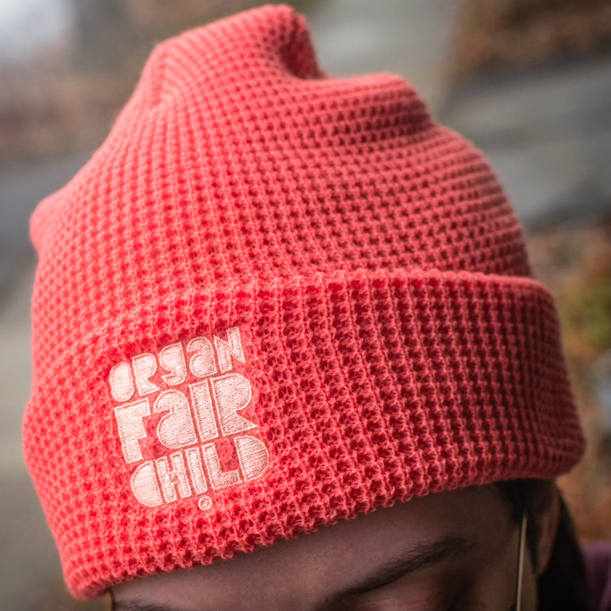 (NEW!) Waffle Knit Beanie: Embroidered Logo on Coral Hat