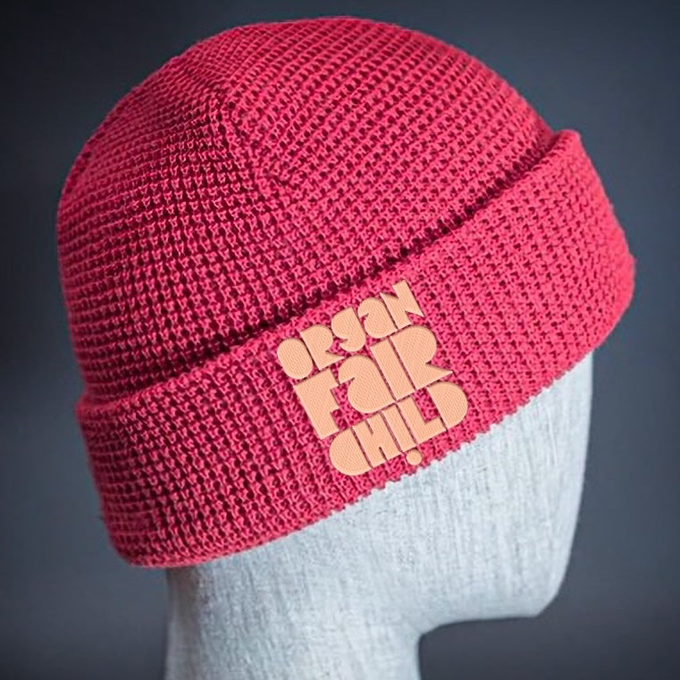 (NEW!) Waffle Knit Beanie: Embroidered Logo on Coral Hat