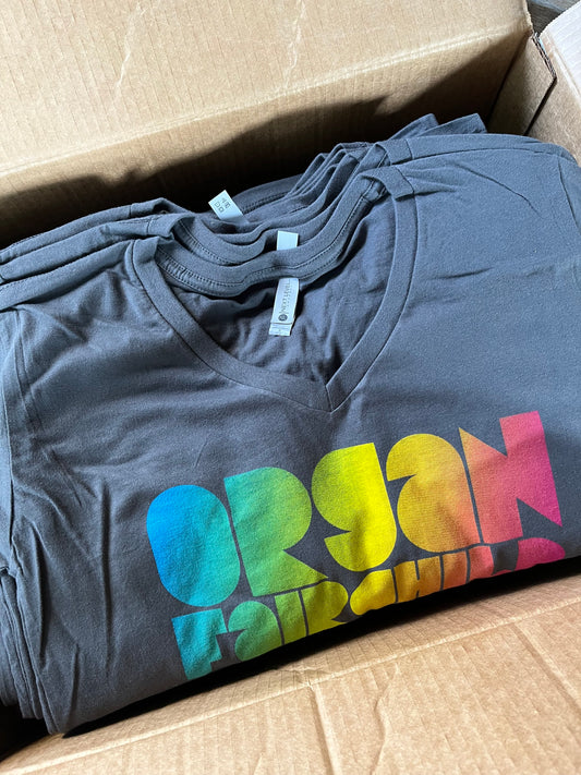 V-Neck T-Shirt: Charcoal with Rainbow Logo (BEST SELLING V-NECK)