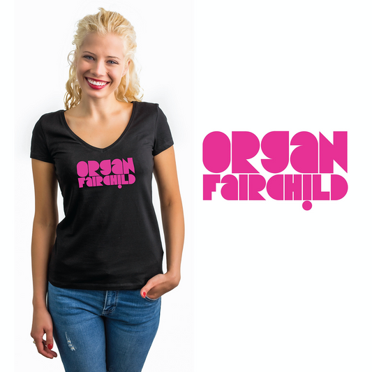 V-Neck T-Shirt: Black with Pink Logo